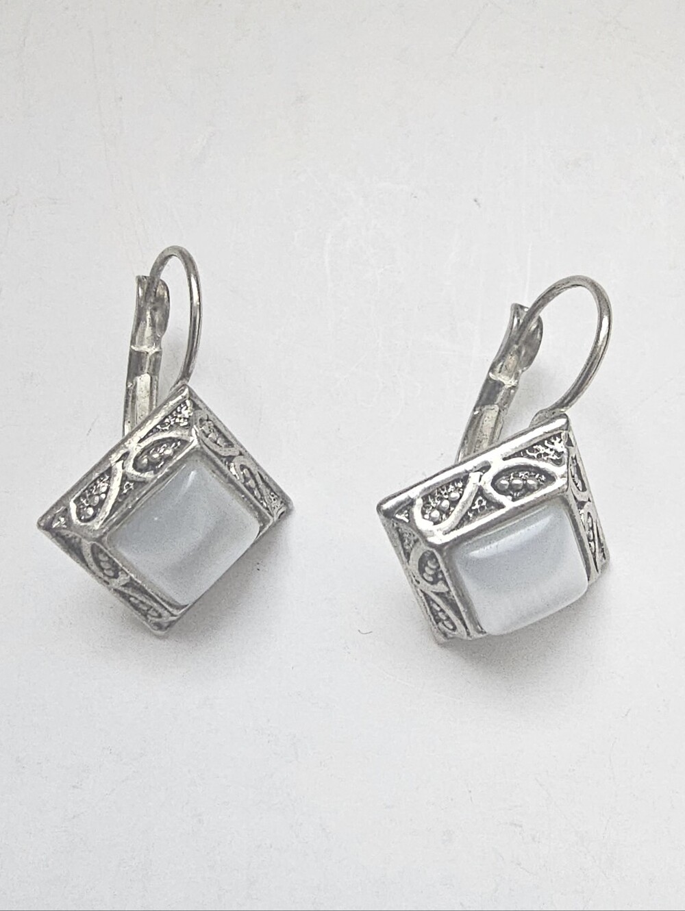 Sterling Silver White Cat's Eye Square Drop Earrings